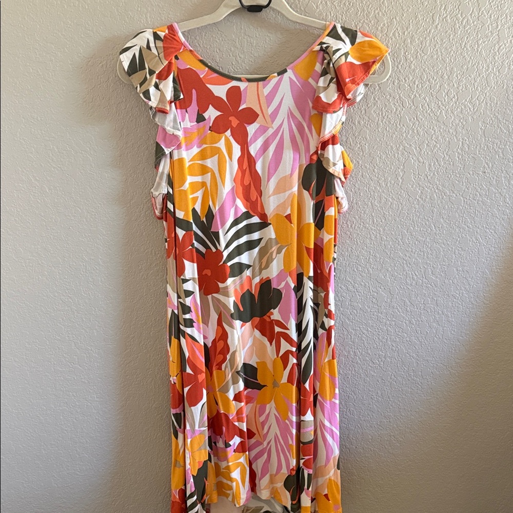 LOFT Vibrant Floral Midi Dress in Pink, Orange, and Red